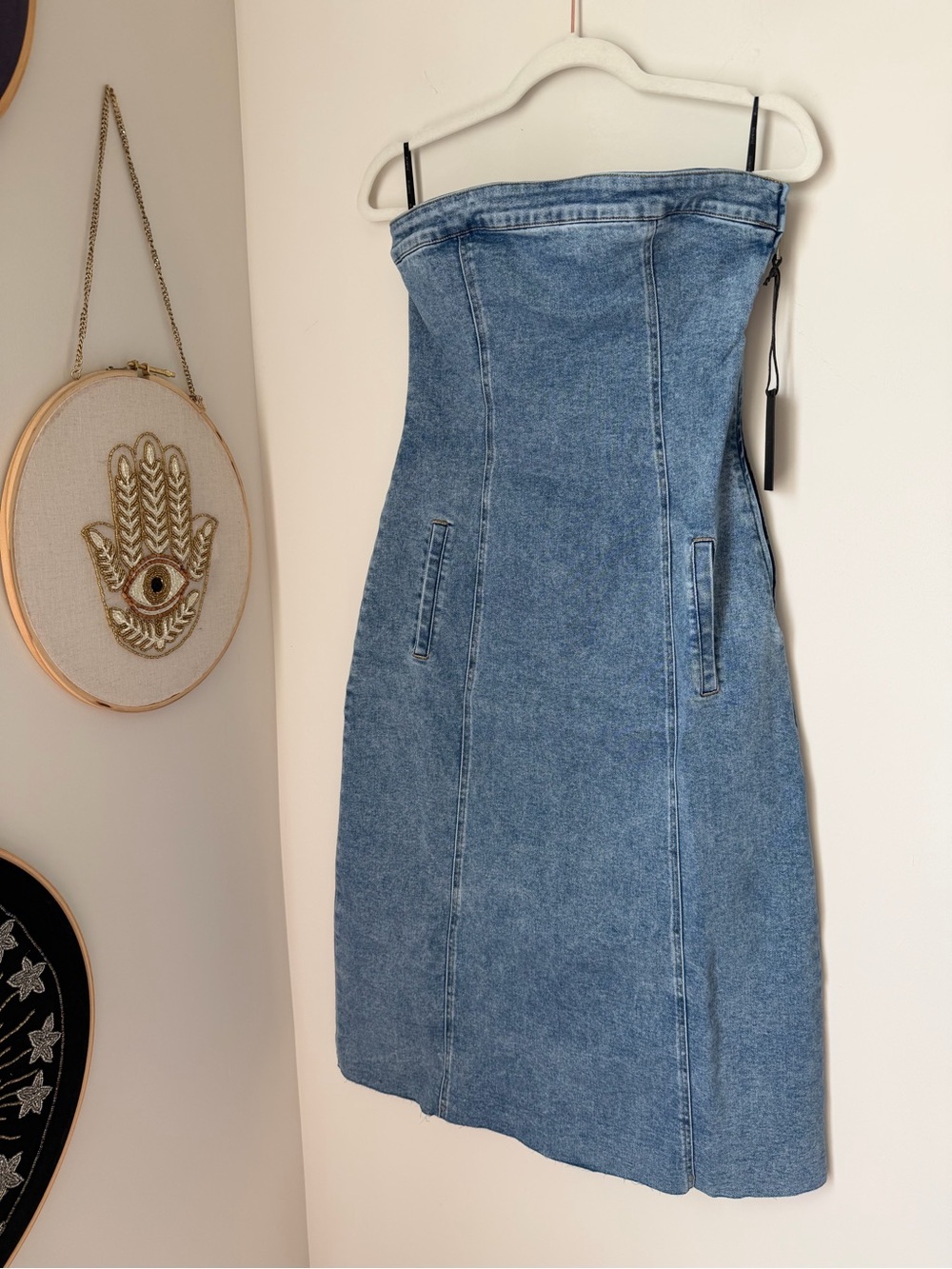 Blank NYC Blue Denim strapless midi Dress